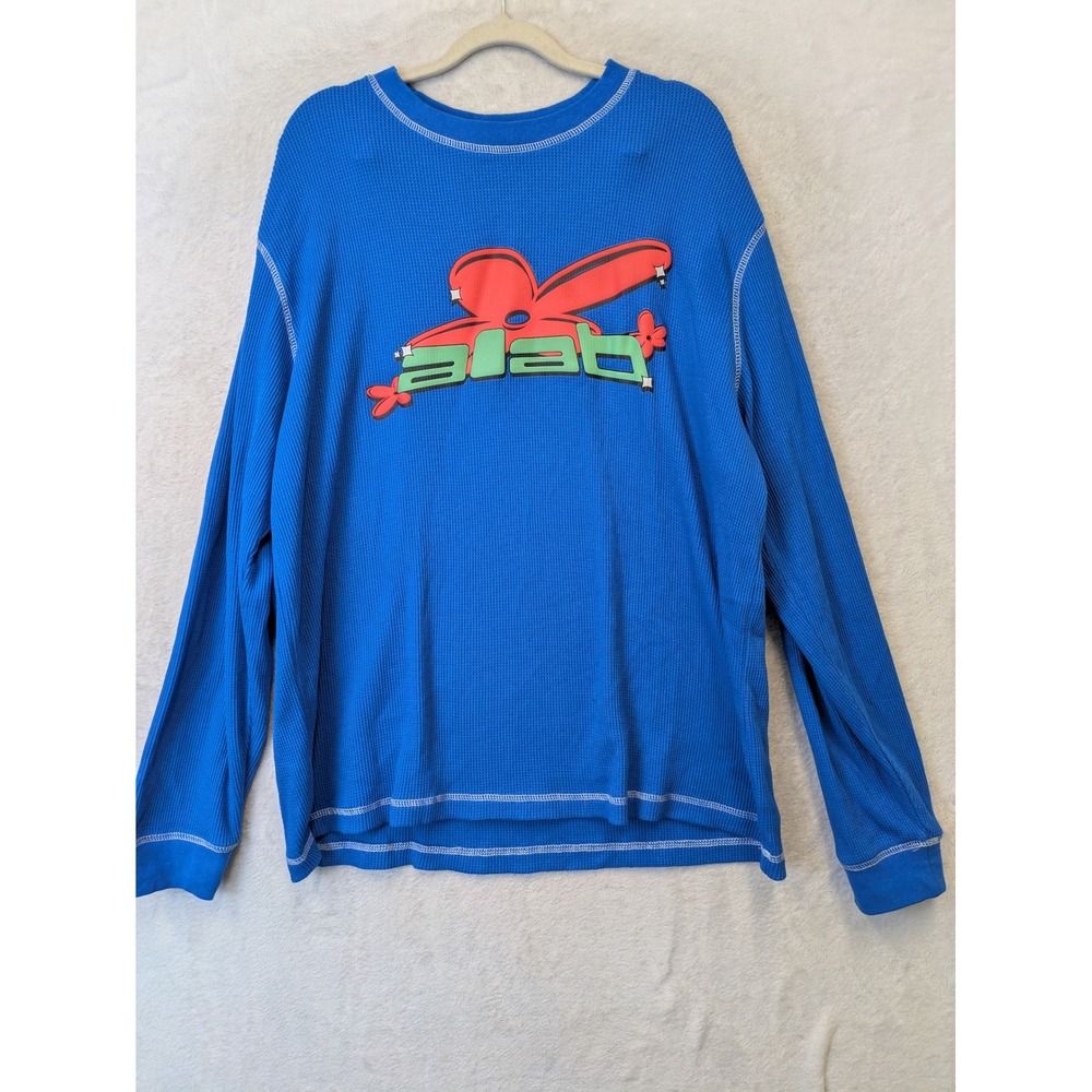 A-Lab Men's Size M Blue‎ Waffle Knit Thermal Long Sleeve Graphic T-Shirt